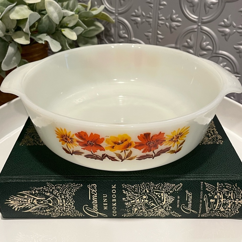 Fire-King Anchor Hocking milk glass baking dish with two handles